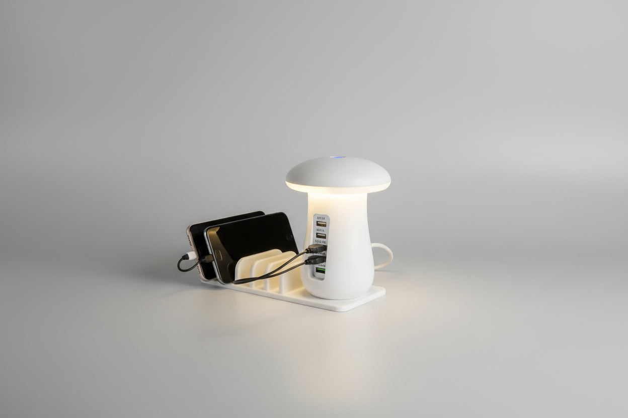 Mushroom-style LED charging strip with multiple devices plugged in on a table.