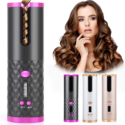 Hair curling iron with geometric pattern and pink accents, shown with a woman with styled hair.